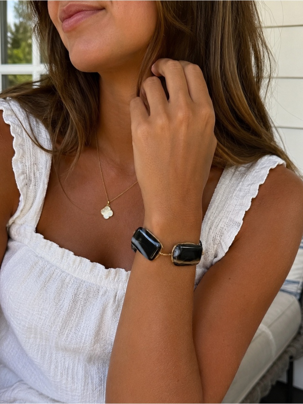 Bourbon & Bowties Black White 3 Stone Gold Tone Statement Bangle Bracelet Preppy